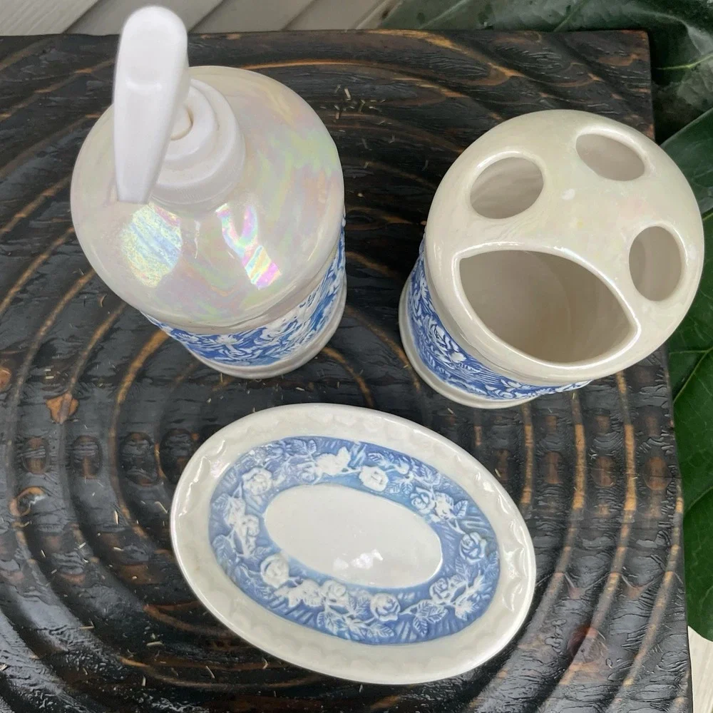 Blue White Lusterware Ceramic Bathroom 3pc. Set Soap Toothbrush Dish Holder